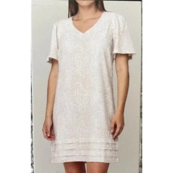 Nicole Miller Dresses & Skirts - Nicole Miller Tan & White Print Linen Blend Short Sleeve Dress Large